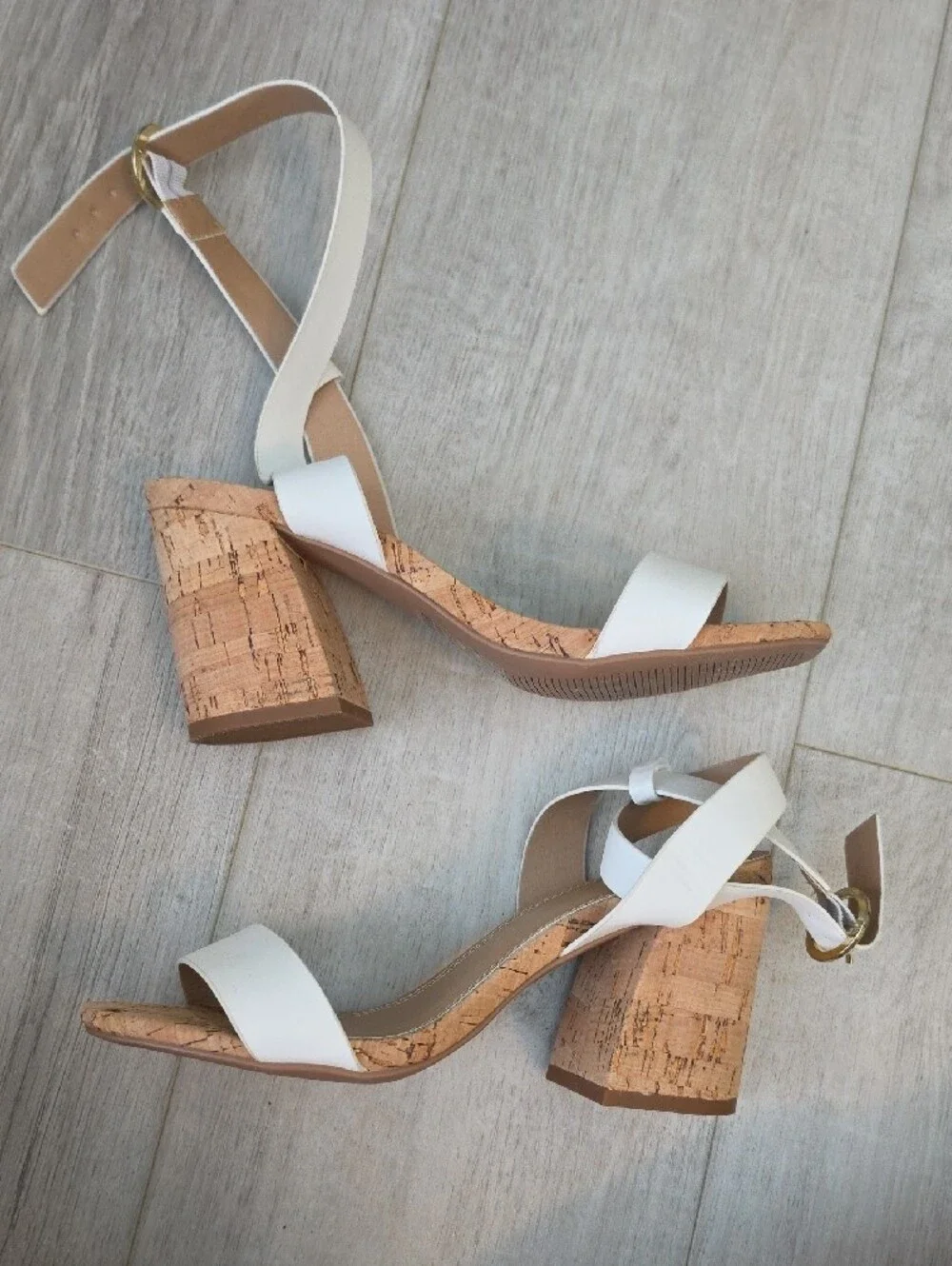 Qupid White Cork Block Heel Sandals with Ankle Strap
